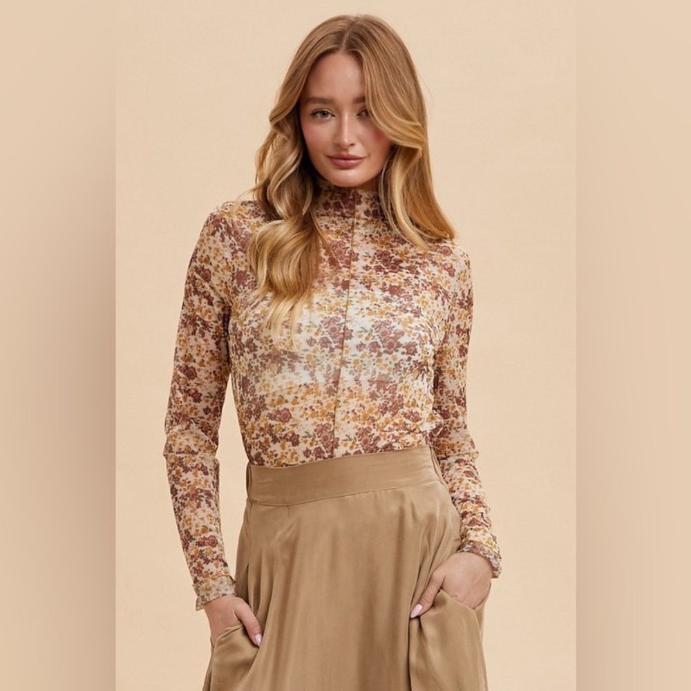 Annie Wear Floral Lettuce Hem Sheer Mesh Top